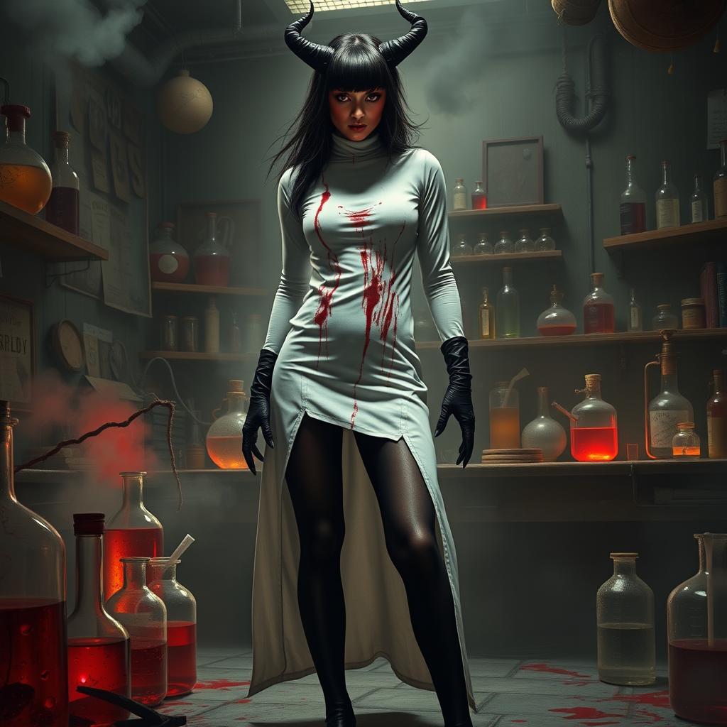 A female demonic mad scientist featuring dark red skin that highlights her menacing allure