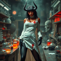 A female demonic mad scientist featuring dark red skin that highlights her menacing allure