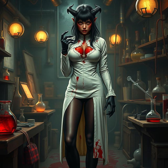 A female demonic mad scientist featuring dark red skin that highlights her menacing allure