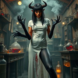 A female demonic mad scientist featuring dark red skin that highlights her menacing allure