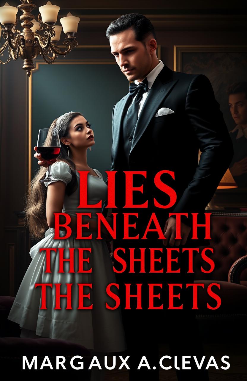 A suspenseful and alluring book cover for a dark romance novel titled 'LIES BENEATH THE SHEETS' by MARGAUX A