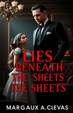 A suspenseful and alluring book cover for a dark romance novel titled 'LIES BENEATH THE SHEETS' by MARGAUX A