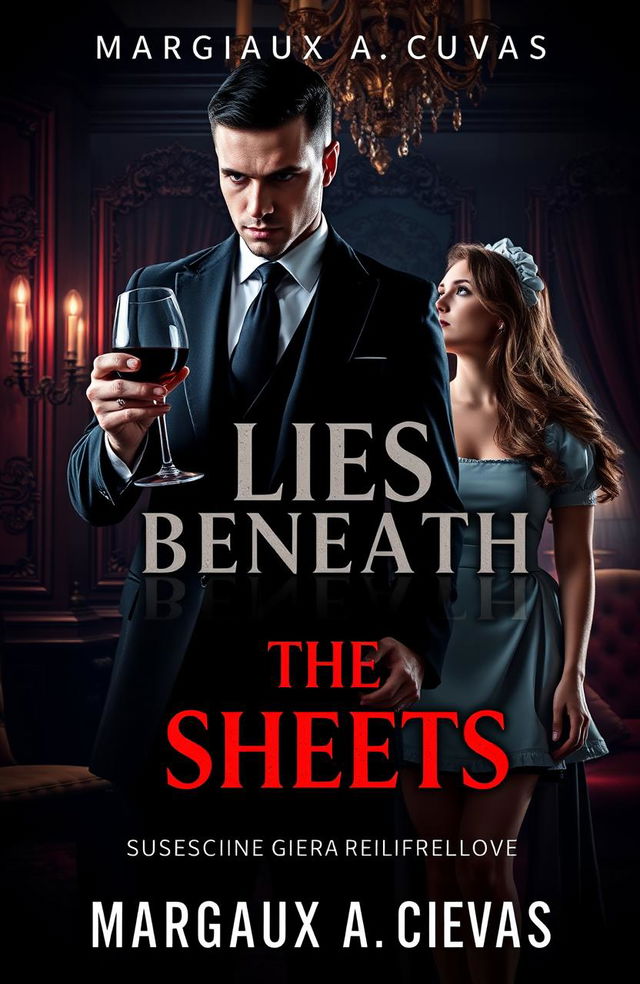 A suspenseful and alluring book cover for a dark romance novel titled 'LIES BENEATH THE SHEETS' by MARGAUX A