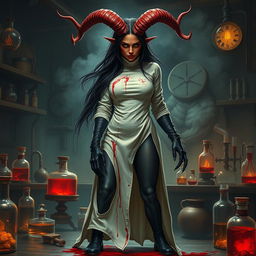 A female demonic mad scientist characterized by her striking dark red skin and large, impressive horns that curve menacingly from her head
