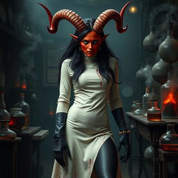 A female demonic mad scientist characterized by her striking dark red skin and large, impressive horns that curve menacingly from her head