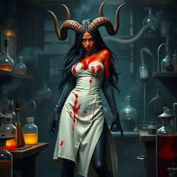 A female demonic mad scientist characterized by her striking dark red skin and large, impressive horns that curve menacingly from her head