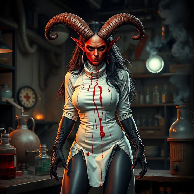 A female demonic mad scientist characterized by her striking dark red skin and large, impressive horns that curve menacingly from her head