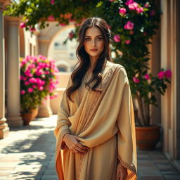 A graceful Greek woman adorned in modest, elegant fashion, standing in a sunlit courtyard surrounded by ancient Greek architecture