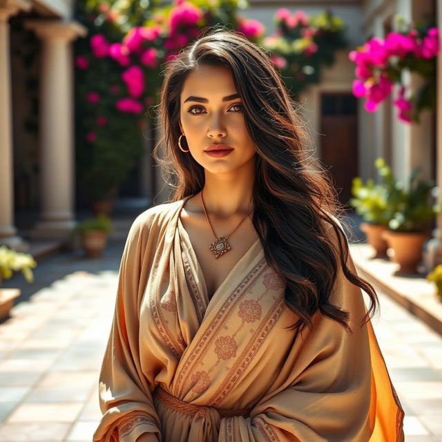 A graceful Greek woman adorned in modest, elegant fashion, standing in a sunlit courtyard surrounded by ancient Greek architecture