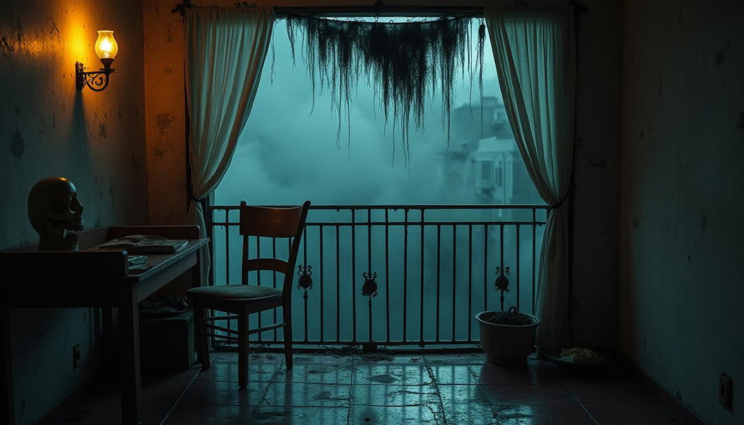 A horror-themed apartment balcony, featuring a dilapidated view with ominous details