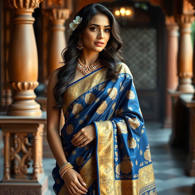 A beautiful Indian woman wearing an elegant saree, delicately draped with intricate patterns and vibrant colors