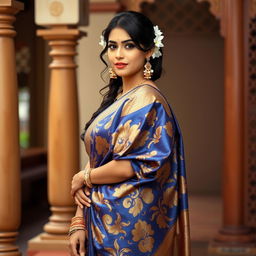 A beautiful Indian woman wearing an elegant saree, delicately draped with intricate patterns and vibrant colors