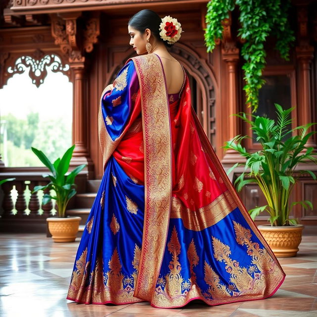 A beautifully draped Indian saree made of vibrant silk, featuring intricate gold embroidery and delicate patterns