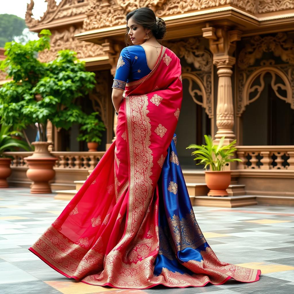 A beautifully draped Indian saree made of vibrant silk, featuring intricate gold embroidery and delicate patterns