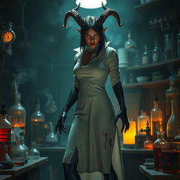 A striking female demonic mad scientist with dark red skin and captivating yellow eyes that pierce through the atmosphere