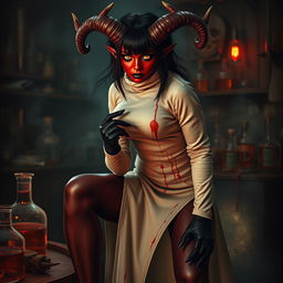A striking female demonic mad scientist with dark red skin and captivating yellow eyes that pierce through the atmosphere