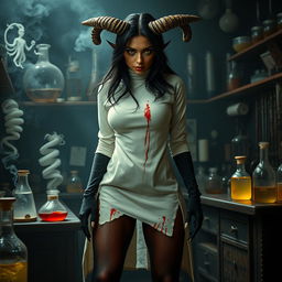 A striking female demonic mad scientist with dark red skin and captivating yellow eyes that pierce through the atmosphere