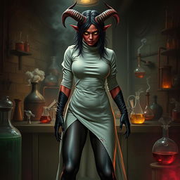 A striking female demonic mad scientist with dark red skin and captivating yellow eyes that pierce through the atmosphere