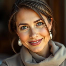 A beautiful portrait of a tanned Greek woman, aged between 30 to 40 years, showcasing her stunning eyes