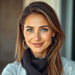 A beautiful portrait of a tanned Greek woman, aged between 30 to 40 years, showcasing her stunning eyes