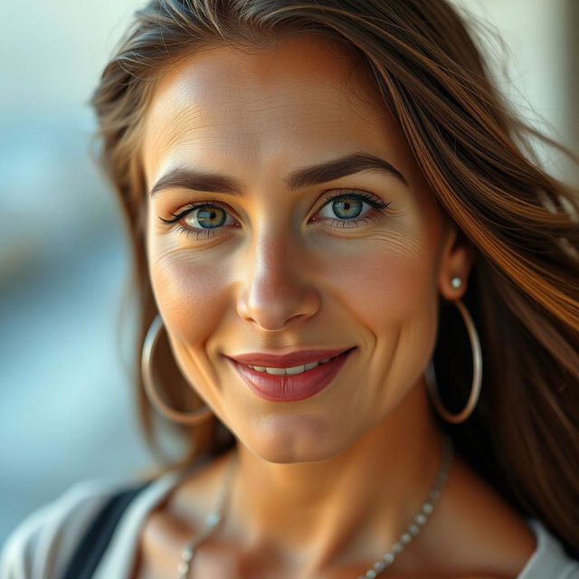 A beautiful portrait of a tanned Greek woman, aged between 30 to 40 years, showcasing her stunning eyes