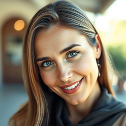 A beautiful portrait of a tanned Greek woman, aged between 30 to 40 years, showcasing her stunning eyes