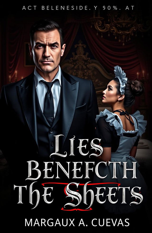 A dark and enticing romance novel cover for 'LIES BENEATH THE SHEETS' by Margaux A