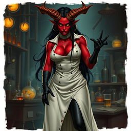 A female demonic mad scientist with a striking appearance featuring dark red skin and large, crooked horns that add to her menacing presence
