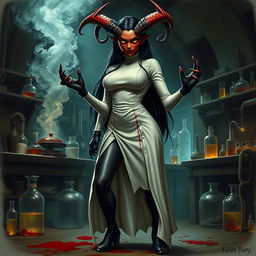 A female demonic mad scientist with a striking appearance featuring dark red skin and large, crooked horns that add to her menacing presence