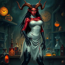 A female demonic mad scientist with a striking appearance featuring dark red skin and large, crooked horns that add to her menacing presence