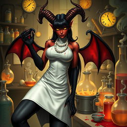 A female demonic mad scientist inspired by the aesthetic of Hazbin Hotel, featuring dark red skin and intense yellow eyes that radiate captivating malice