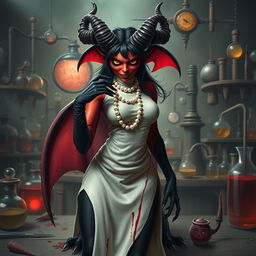 A female demonic mad scientist inspired by the aesthetic of Hazbin Hotel, featuring dark red skin and intense yellow eyes that radiate captivating malice