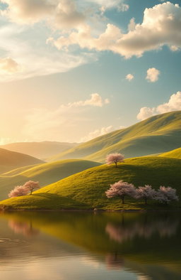 A visually striking and artistic representation of serene landscapes featuring lush green hills, a quiet lake reflecting the sky, and a sunset casting warm golden hues