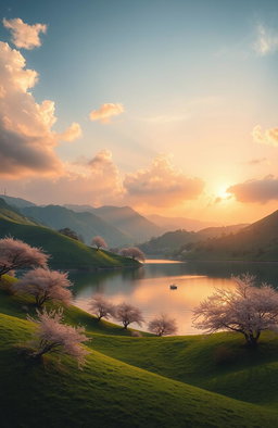 A visually striking and artistic representation of serene landscapes featuring lush green hills, a quiet lake reflecting the sky, and a sunset casting warm golden hues