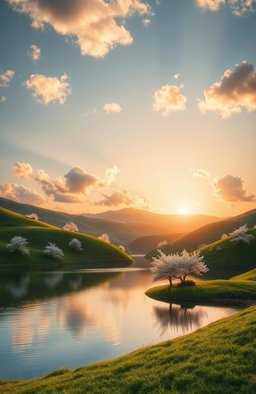 A visually striking and artistic representation of serene landscapes featuring lush green hills, a quiet lake reflecting the sky, and a sunset casting warm golden hues