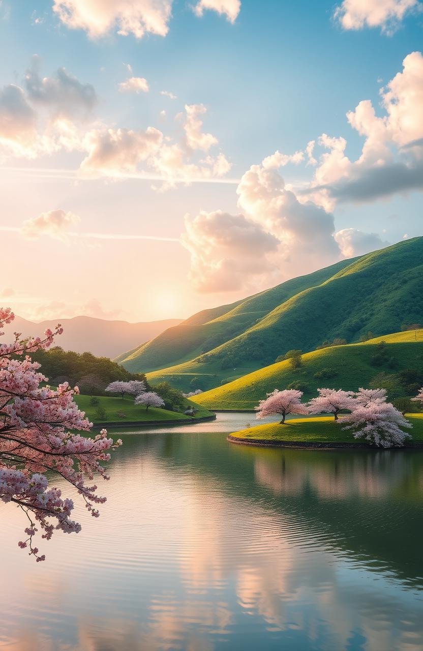 A visually striking and artistic representation of serene landscapes featuring lush green hills, a quiet lake reflecting the sky, and a sunset casting warm golden hues