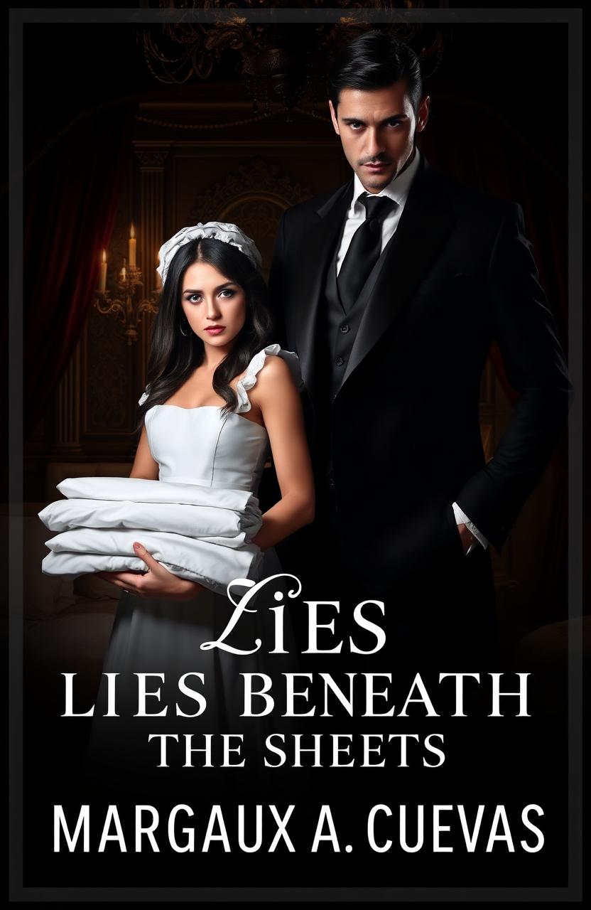 A dark romance novel cover design for 'LIES BENEATH THE SHEETS BY MARGAUX A