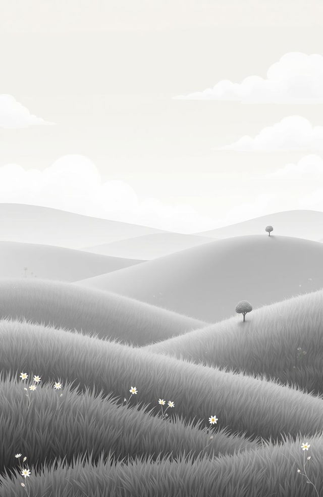 A serene and captivating animated grey back cover featuring rolling hills under a soft, cloudy sky