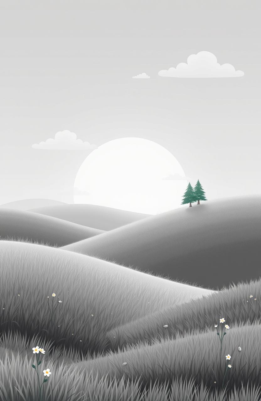 A serene and captivating animated grey back cover featuring rolling hills under a soft, cloudy sky