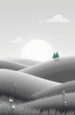 A serene and captivating animated grey back cover featuring rolling hills under a soft, cloudy sky