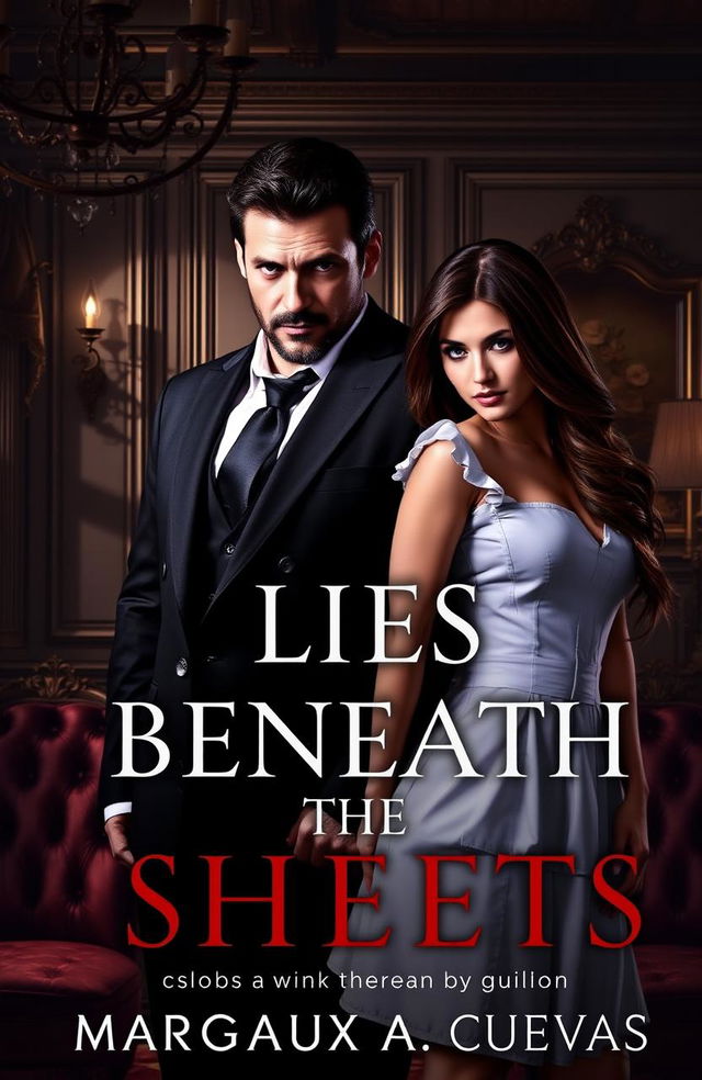 A dark romance novel cover for 'LIES BENEATH THE SHEETS' by MARGAUX A