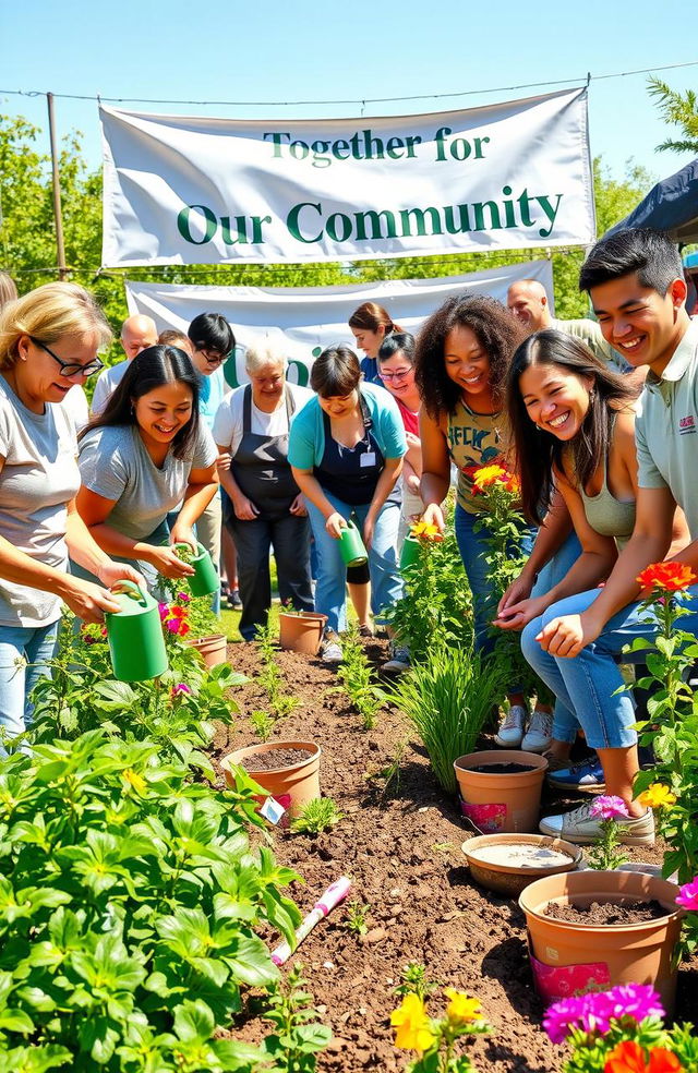 A vibrant and uplifting scene depicting a group of diverse volunteers working together in a community garden