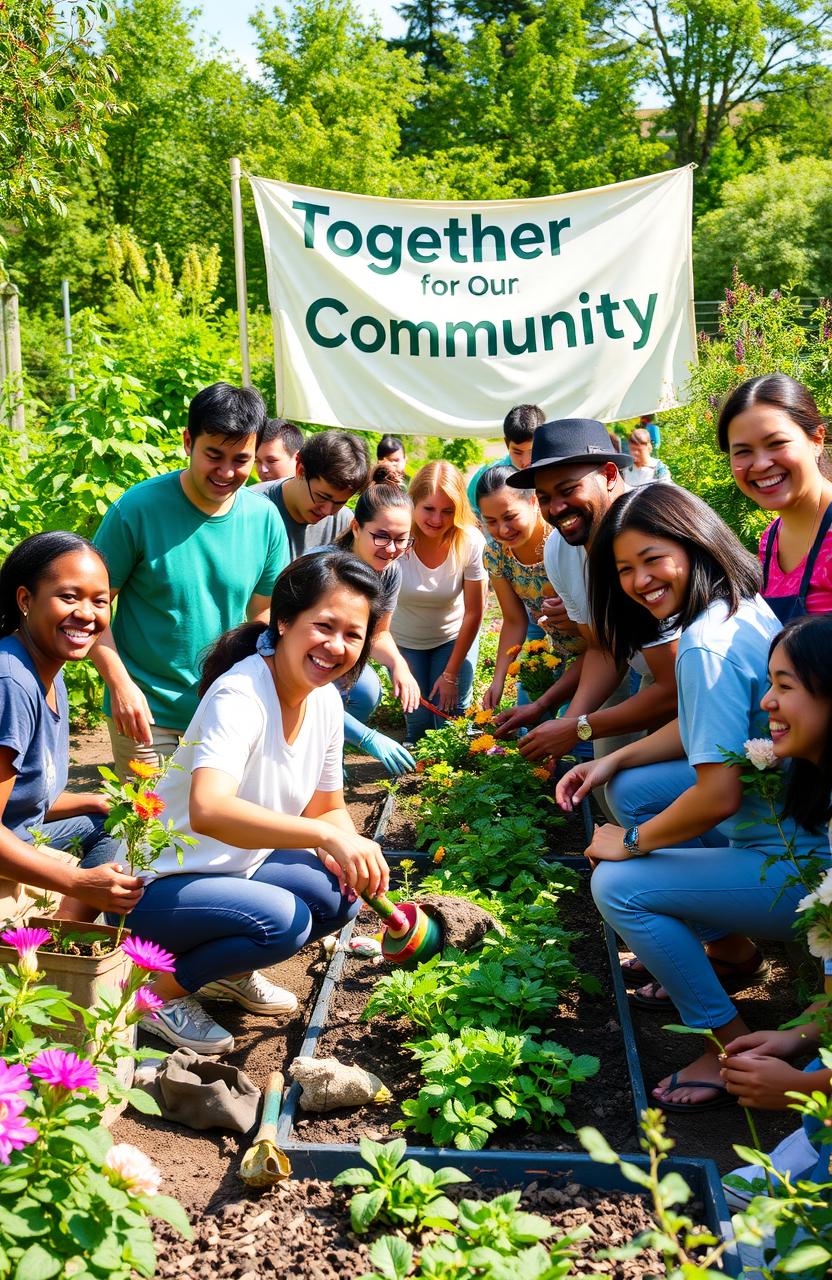 A vibrant and uplifting scene depicting a group of diverse volunteers working together in a community garden