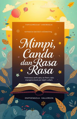 A visually captivating book cover design for an Indonesian anthological short story collection titled 'Mimpi, Canda, dan Rasa'