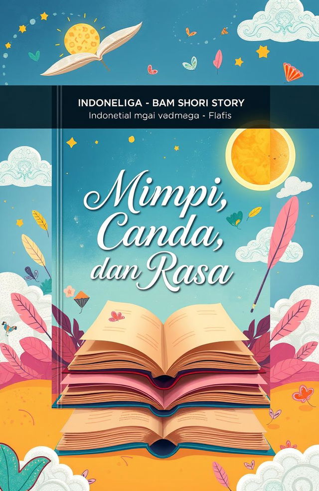 A visually captivating book cover design for an Indonesian anthological short story collection titled 'Mimpi, Canda, dan Rasa'