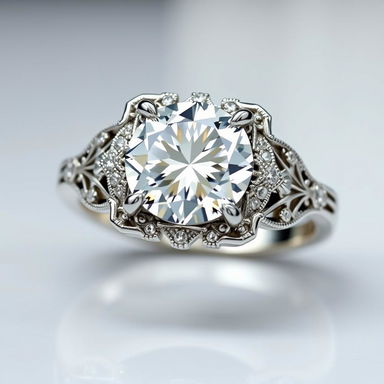 A stunning diamond ring, featuring a large sparkling diamond surrounded by intricate filigree details in 18k white gold, set on a polished band