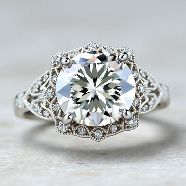 A stunning diamond ring, featuring a large sparkling diamond surrounded by intricate filigree details in 18k white gold, set on a polished band