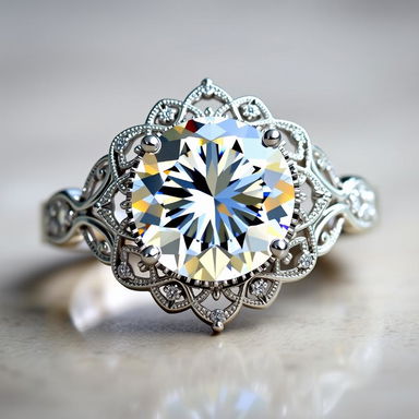 A stunning diamond ring, featuring a large sparkling diamond surrounded by intricate filigree details in 18k white gold, set on a polished band