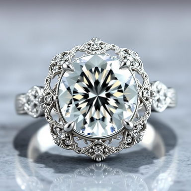 A stunning diamond ring, featuring a large sparkling diamond surrounded by intricate filigree details in 18k white gold, set on a polished band