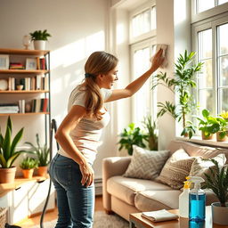 A woman diligently cleaning a bright and cozy living room, showcasing her focused expression as she dusts a shelf filled with books and decorative items